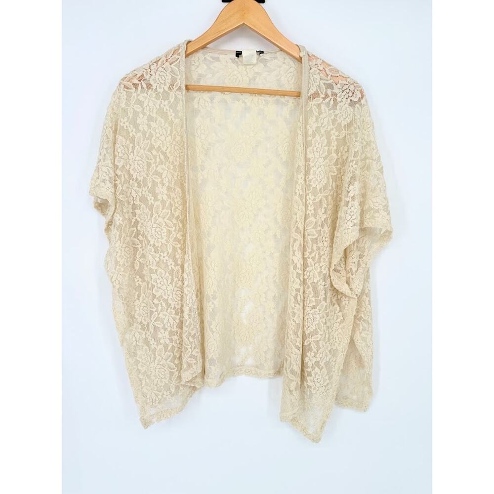 Vintage Deb Mesh Lace Cardigan Womens Size L Cream Sheer Boho Fairy Romantic USA